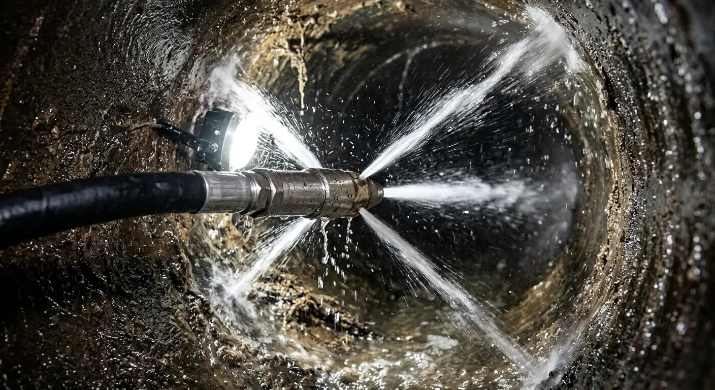 High-pressure hydro jetting nozzle cleaning sewer pipe for Trenchless Sewer Repair in Somerdale
