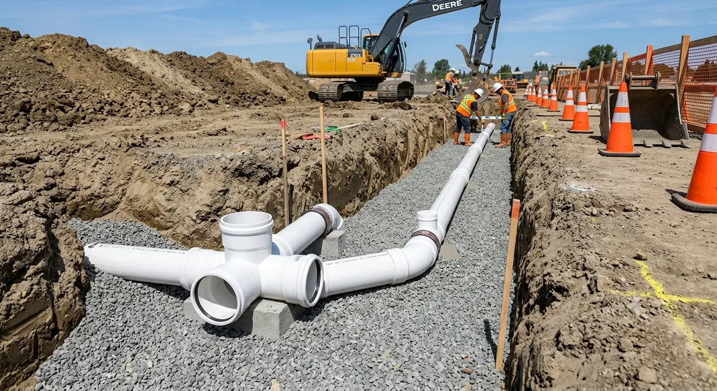 New PVC sewer pipe installation in open trench for Commercial Drain Cleaning in Somerdale