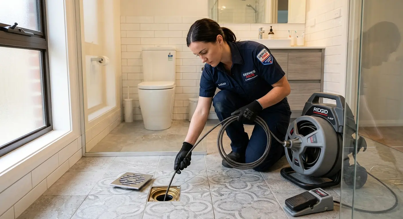 Technician clearing a bathroom floor drain for Sewer Line Replacement in Somerdale